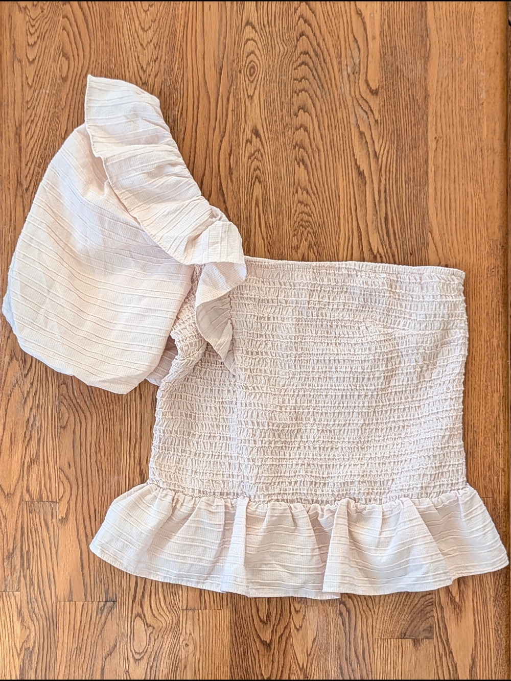 Sketchbook Beige Smocked One Shoulder Puff Sleeve Top